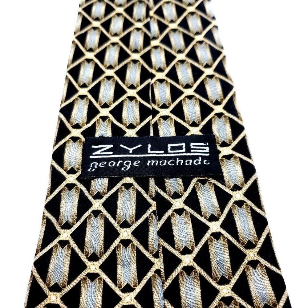 Zylos George Machado Beige Silk Tie Woven Wide Geometric - Picture 4 of 6
